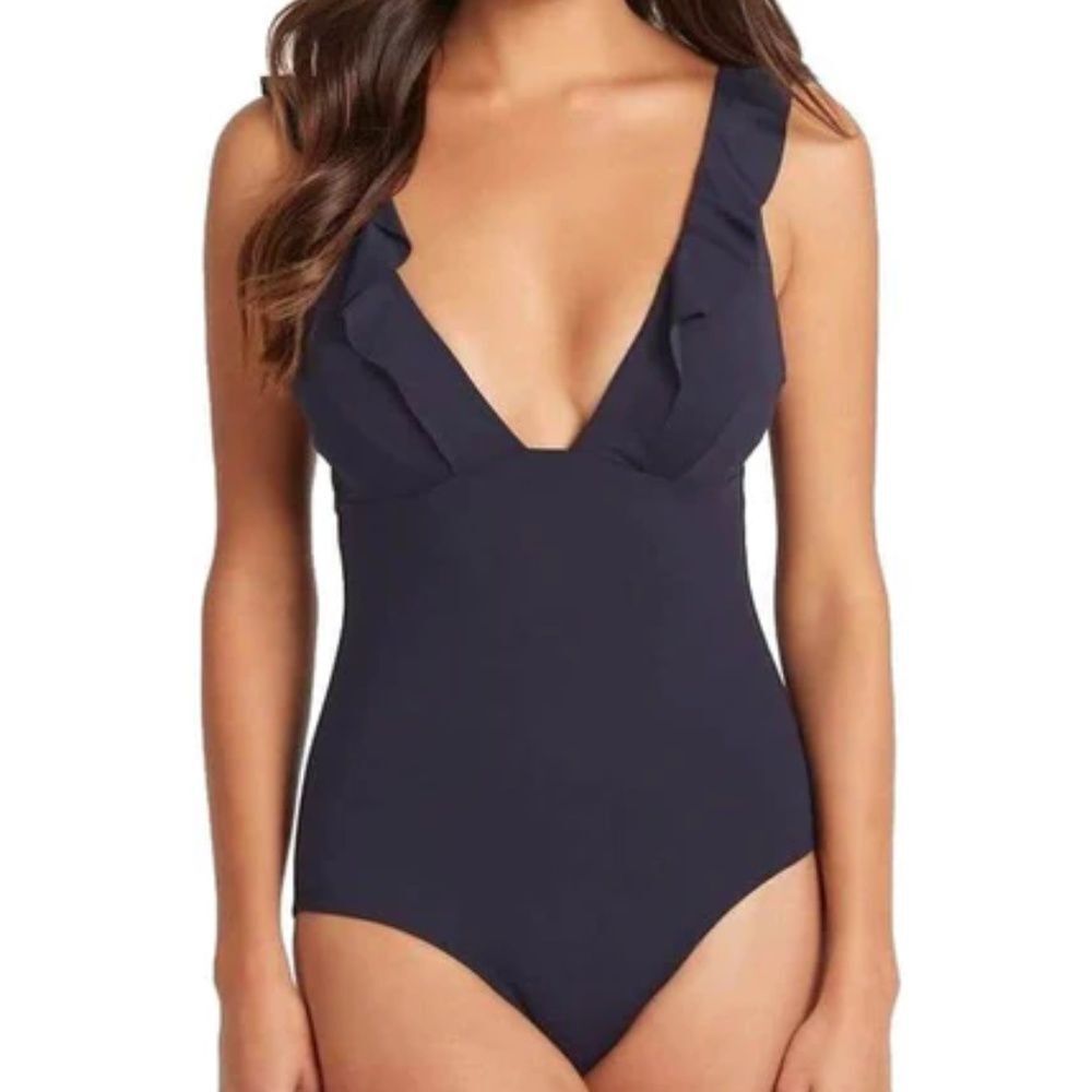 Sea Level Essentials Frill One Piece Swimsuit - Night Sky Navy - size 10 NWT
